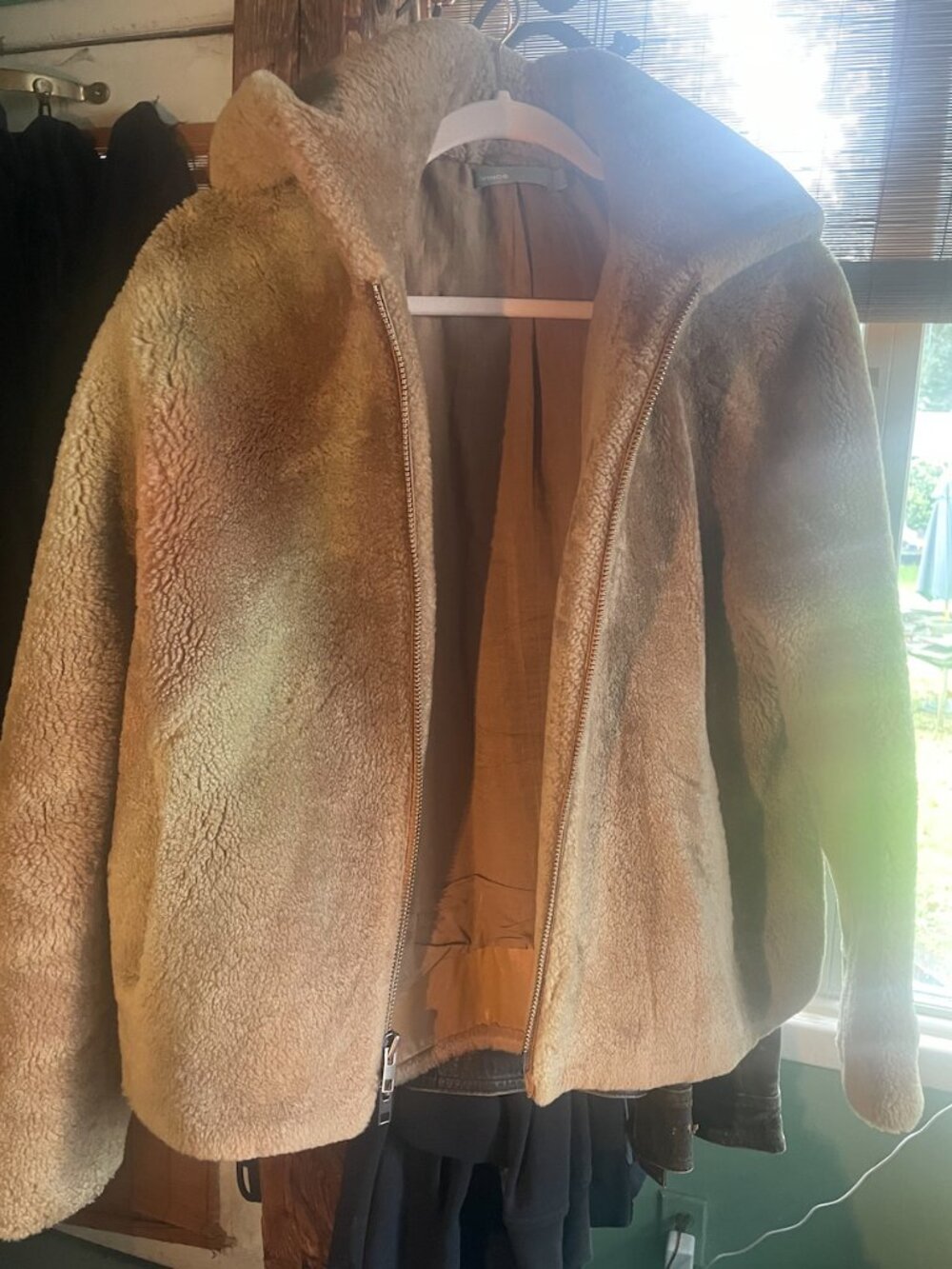 Vince camel hooded zip shearling jacket
